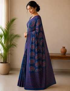 Sari bleu à imprimé cachemire pour femme, robe ethnique moderne Inde Pakistan, imprimé numérique gaufré, tenue de mariage et de fête - Product Image 3