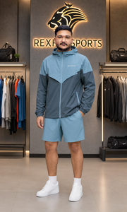 REXFIT SPORTS 2026 Custom <b>Men</b>’s Blue Grey Nylon Track Set <b>Lightweight</b> Hooded Windbreaker <b>Jacket</b> and Shorts Gym Running Team - Product Image 2