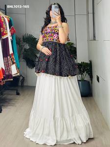 Festival wear Rayon Cotton with Plain & Frilled Flared <b>White</b> <b>Lehenga</b>-Bandhani Print & Embroidery Kediya Top Pair Indian Exporter - Product Image 6