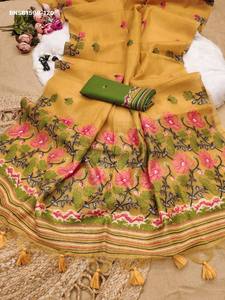Hermoso Sari de Seda con Tejido Resham, Estampado Floral en Toda la Prenda y Borde con Pallu Floral Tejido con Meena, Proveedor Indio - Product Image 4