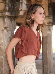 Blusa de Algodón para Mujer, Estilo Boho, Manga Corta, Cierre de Botones, Corte Regular, para Oficina, Sin Tejido, ODM - Product Image 2