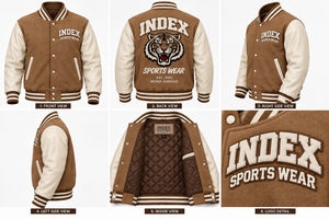 Chaqueta Varsity Marrón para Hombre, Marca Index, con Mangas Blancas, Logotipo Bordado, Cuello Camisero, Cierre de Botones, para Otoño - Product Image 6