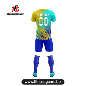 Ensemble de maillots de football personnalisés bleus à manches courtes pour hommes, anti-transpiration, impression par sublimation, taille élastique - Product Image 2