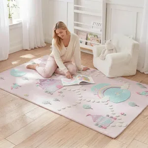 Tapis décoratif touffeté rectangulaire rose pastel motif nuages arc-en-ciel, tapis de sol rembourré en polyester pour chambre à coucher - Product Image 1