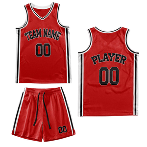 Ensemble d'uniformes de basket-ball personnalisés rouge rétro avec bordure blanche et noire, maillot et short, nom et numéro de l'équipe, design classique - Product Image 5