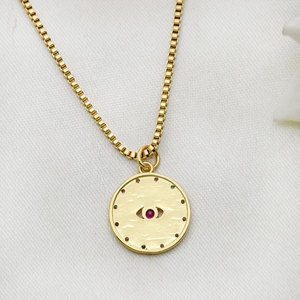 925 Sterling Silver Gold Plated Sunburst Evil Eye Pendant <b>Necklace</b> <b>Pink</b> CZ Medallion Box Chain Wholesale Jewelry - Product Image 3
