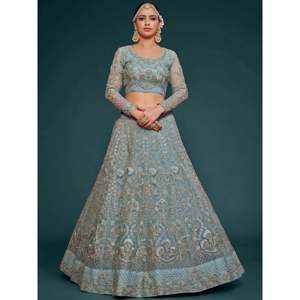 <b>Wedding</b> Wear Plus Size Embroidered Net Lehenga Choli in Sky Blue - Product Image 6