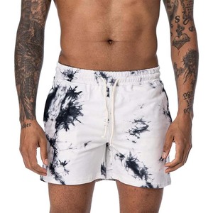 Short de plage blanc tie-dye pour hommes, taille élastique, cordon de serrage, vêtements de plage d'été avec poches latérales - Product Image 1