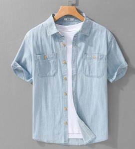 <b>Men's</b> Denim Short Sleeve Shirt Solid Color Button Down Casual Summer Cotton Regular Fit Turn-down Collar Medium Wash - Product Image 6