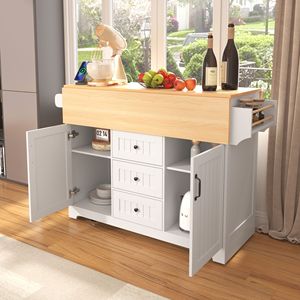 55.7\" Large <b>Kitchen</b> Island with 2 Drop Leaf and 5 Wheels Rolling <b>Kitchen</b> Cart with Power Outlet <b>Folding</b> Storage Dining <b>Table</b> - Product Image 5