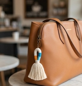 Frange à pompons en coton décorative avec perles colorées pour accessoires de sac - Product Image 1
