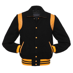 เสื้อแจ็คเก็ตบอมเบอร์ขนสัตว์สีเขียวขายส่ง แขนหนังสีทอง สำหรับผู้ใหญ่และเด็ก ผ้าบางสำหรับฤดูหนาว สไตล์วิทยาลัย ขายเป็นชิ้นเดียว - Product Image 1