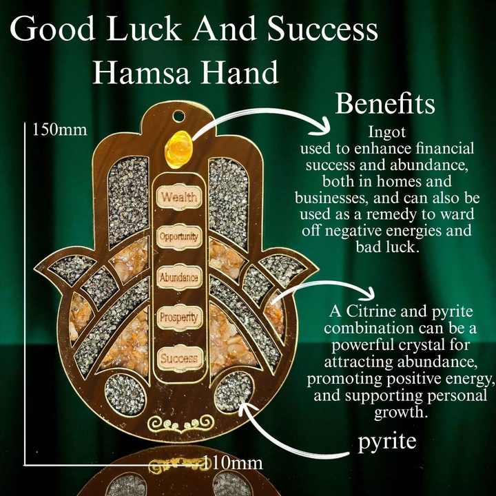 Natural Crystals Stone Good Luck And Success Hamsa hand Natural Pyrite And Citrine Chips Hamsa Hand Wood hanging Crystals