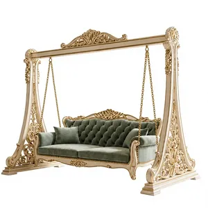Classic White & Gold <b>Wooden</b> <b>Swing</b> with Comfortable Tufted Seating Modern Style Teak Wood Jhoola/Onjhal Floor Standing <b>Swing</b> USA - Product Image 3