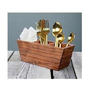 Handcrafted Tapered Wooden Cutlery Caddy with Napkin Holder 3 Slot <b>Tabletop</b> Utensil Organizer for Restaurant and Cafe Table - Product Image 1