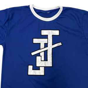 Camiseta Ringer Azul Rey para Hombre con Cuello y Mangas en Contraste Blanco, Logotipo Bordado en Chenille Personalizado, Algodón, Suministro al por Mayor OEM - Product Image 2