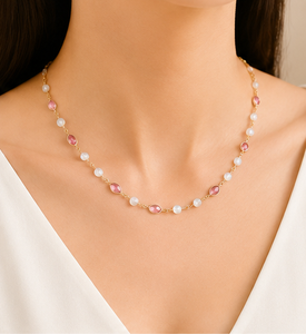 Natural <b>Pink</b> Tourmaline and Rainbow Moonstone Station Necklace in Solid 18K Yellow Gold Bezel Set Pear and Round Gemstone Chain - Product Image 2
