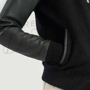 Women Black Wool and Real <b>Leather</b> Varsity <b>Jacket</b> Slim Fit Letterman Bomber Coat Premium <b>Leather</b> Sleeves Winter Outerwear - Product Image 6