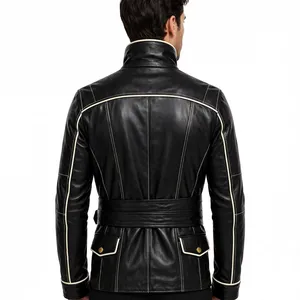 Chaqueta de Cuero para Hombre, Cuello Alto, Cierre de Cremallera, Cintura Ajustada con Cinturón, Bolsillos, Abrigo de Invierno - Product Image 2