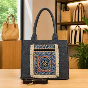 <b>Canvas</b> Tote Bag Embroidered Mandala Shoulder Handbag Fringe Zipper Closure for <b>Beach</b> Shopping Travel - Product Image 2