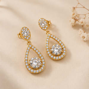 Pendientes Unisex de Oro de 14k con Diamantes Sintéticos, Corte Brillante Redondo y en Forma de Lágrima, Regalo de Boda Vintage - Product Image 1