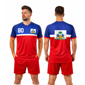 <b>Men</b> Custom Haiti Style Football Uniform <b>Short</b> Sleeve Soccer Jersey Set with <b>Shorts</b> And Football Training Uniform Blue Red <b>White</b> - Product Image 1
