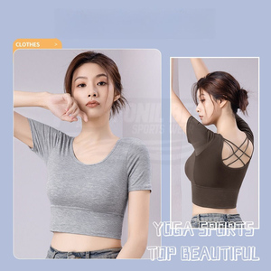 <b>Support</b> Custom Logo Front Cross <b>Back</b> Yoga Crop Top Women's Short Sleeve Breathable Built-in Bra Plus Size Quick Dry Activewear - Product Image 3