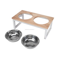 Bol pour animaux de compagnie en métal bois surélevé double dîner pliant mangeoire pour chien avec support K/D blanc en métal et plaque supérieure en bois pour chien et chats