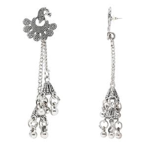 Boucles d'oreilles pendantes en argent oxydé en forme de paon avec rubis et perles - Product Image 1