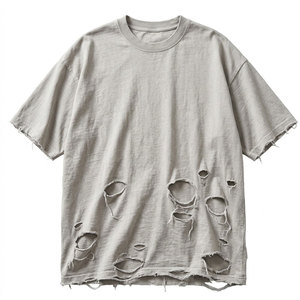 Ripped Style <b>Distressed</b> T-Shirts Loose Fit Heavyweight Cotton Tees Washed Streetwear Casual Fashion <b>Tops</b> For Men - Product Image 1
