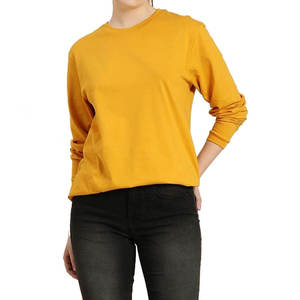 เสื้อยืดคอกลมแขนยาวสีเหลืองมัสตาร์ดสำหรับผู้หญิง ผ้าฝ้ายถัก 100% ทรงหลวม สวมใส่สบาย สีพื้น ใส่ได้ทุกฤดู - Product Image 1