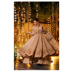 Premium crunchy silk multi embroidery <b>sequins</b> gown full sleeves cotton inner sharara set dupatta embroidered wear women outfit - Product Image 1