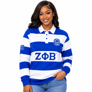 Camiseta de Rugby Zeta Phi Beta para Mujer, Azul Rey con Rayas Blancas Anchas, Manga Larga, Cuello Polo, Letras Griegas Bordadas, Escudo de la Hermandad - Product Image 1