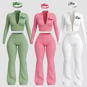 3 Piece Lounge Set Women Summer Clothes Short Sleeve Zip up <b>Jacket</b> with Headband Shorts Custom <b>Workout</b> Sets for Women - Product Image 1