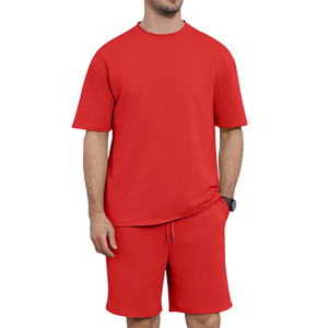 Men's Red Solid Color V-neck Plus Size Heat-Transfer Printed T-Shirt and Shorts <b>Set</b> Casual Summer <b>Knitted</b> Cotton 2-Piece Outfit - Product Image 5