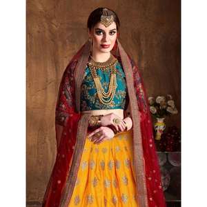 Soie Banarasi brodée vert sarcelle et jaune Lehenga Choli - Product Image 4