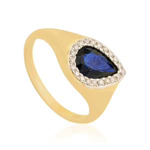 Anillo Grueso de Oro Amarillo de 14K con Zafiro Azul en Forma de Pera Hecho a Mano y Halo de Diamantes de Corte Redondo, Joyería de Piedras Preciosas Auténticas - Product Image 3