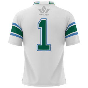 Maillot de football pour homme blanc, vert et bleu, col en V, manches courtes, en mesh, avec numéro d'équipe imprimé sur le devant, vêtement de sport - Product Image 2