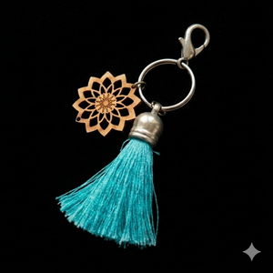 Wooden Mandala <b>Key</b> <b>Tassel</b> With Turquoise Fringe Decorative Keychain - Product Image 4