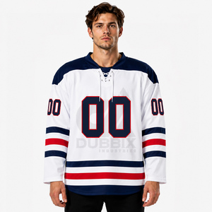Jersey de Hockey sobre Hielo Sublimado Unisex, Blanco, Azul Marino y Rojo a Rayas, Manga Larga, Cuello en V, Transpirable, de Poliéster, Personalizable con el Nombre del Equipo - Product Image 2