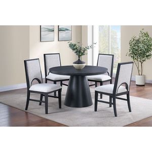 <b>White</b> Finish 5pc <b>Dining</b> Room Set with <b>Round</b> Black <b>Table</b> and 4 Side Chairs Cone Base Cutout Back Chair Fabric Cover - Product Image 1