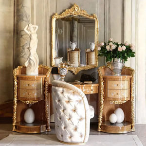 Luxury Artistic Mahogany Dressing <b>Table</b> with <b>Mirror</b> Glossy Mahogany Gold Accent <b>Vanity</b> Set Unique for Villa Hotel Interior - Product Image 1
