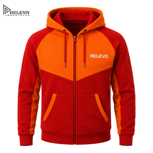 OEM Custom Logo Red Orange Colour Block Full <b>Zip</b> Hoodie, Men Contrast Chevron Chest & Sleeve Panel Fleece Zipper Hoodie - Product Image 1