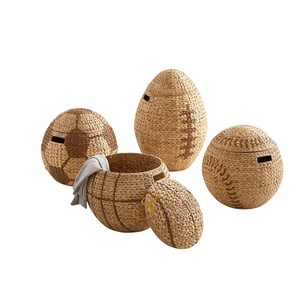 Soccer Ball Water Hyacinth Storage Basket with Handles and Lid Woven Round Sports Toy Organizer Bin Kids Hamper - Product Image 4