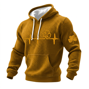เสื้อฮู้ดดี้สีน้ำเงินลายวาฟเฟิลสำหรับผู้ชาย พร้อมลาย Clover ECG ปักนูนด้านหน้าและแขนเสื้อ สวมใส่สบายๆ ในฤดูใบไม้ร่วง - Product Image 4