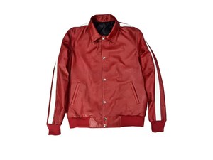 Custom <b>Men</b> Red Genuine Leather Tracksuit Set Two Piece <b>White</b> Side Stripe Snap Button <b>Jacket</b> Elastic Sweatpants Streetwear Casual - Product Image 3
