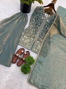 Ensemble Kurti Palazzo en soie Fendy pure brodée avec dupatta à bordure en dentelle de créateur – Tenue de soirée prête à porter - Product Image 5