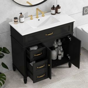 Mobile da Bagno con Lavabo e Armadietti in MDF con Struttura Solida da 36 Pollici, Tutto in un Unico Pacchetto, Nero - Stesso SKU N - Product Image 2