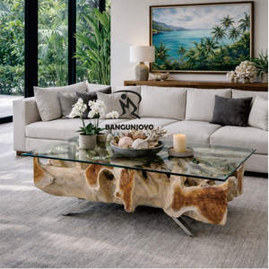 Mesa de Centro Moderna Minimalista con Combinación de Madera de Suar, con Tapa de Vidrio y Marco de Madera, Mueble Duradero y Ecológico para Sala de Estar - Product Image 1