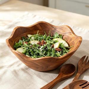 Bol en bois rustique fait main au design classique, plat de service en bois naturel non traité, mangue et acacia, pour fruits, collations, salades, cuisine et salle à manger - Product Image 4